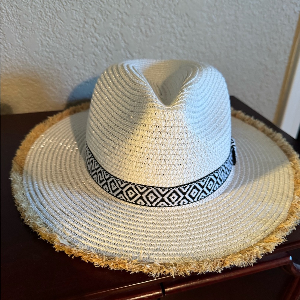 White Straw Hat with Black Patterned Band